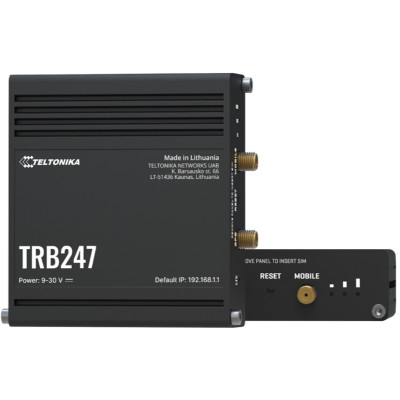 Teltonika TRB247 Industrial LTE Cat 1 Gateway with rugged aluminum housing, DIN rail/wall/surface mounting, 2 SIMs